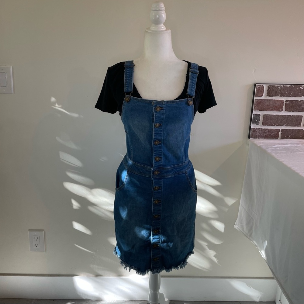 🔴 Wax Jean Denim Button-Front Overall Dress Size M